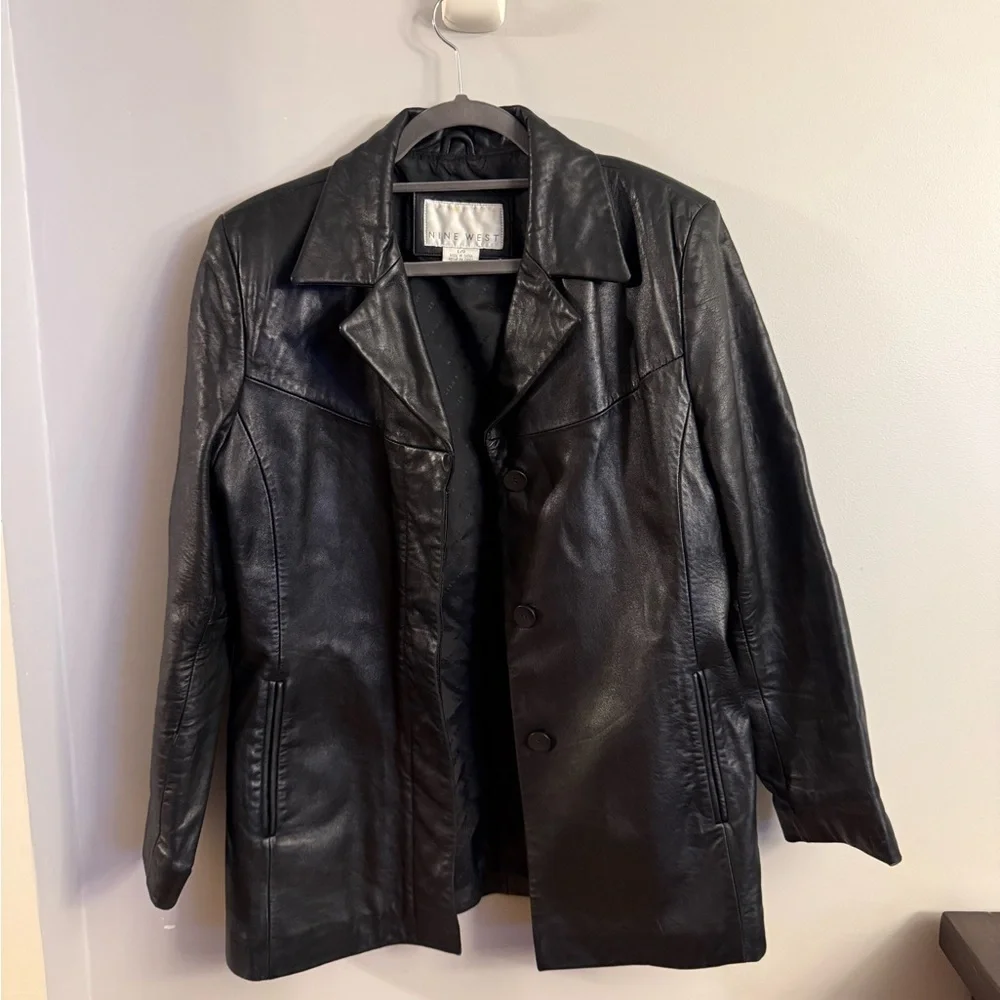 Nine West Black Leather Jacket | Women’s Large | Classic Button Front